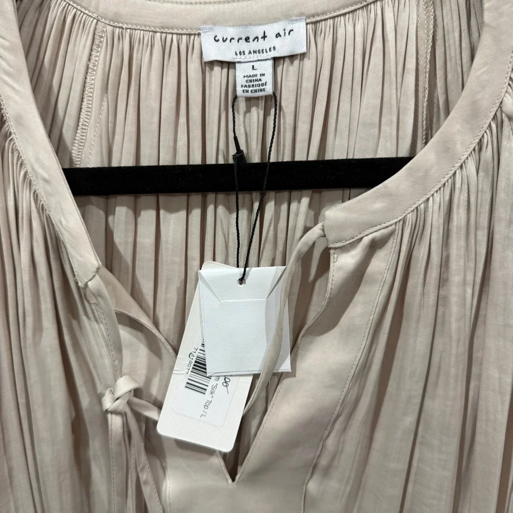 Current Air Women's L Cream "Silk" Pleated Tie‎ Neck Blouse Top New With Tags - Picture 3 of 8